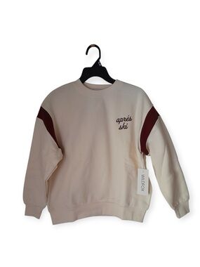 Wildfox Cream Crewneck Charlie Sweater with Maroon Shoulder Stripes